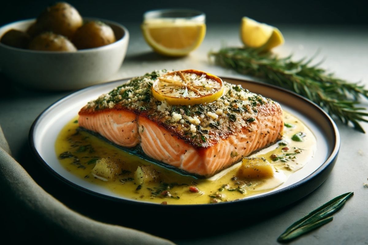 Lachs mit Kräuterkruste und Zitronen-Butter-Sauce